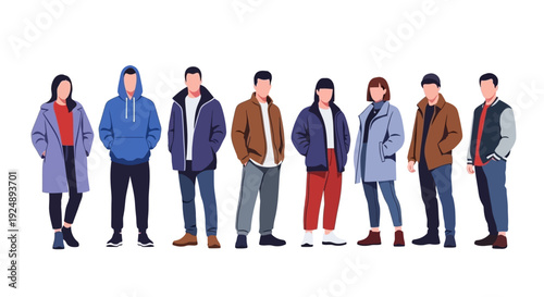 A diverse group of people of various ages and genders standing together, dressed in stylish winter clothing.