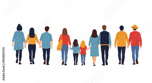 A diverse group of people, including adults and children, holding hands and walking away from the viewer.