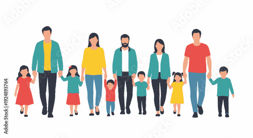 A diverse group of parents and children walking together, representing family and community.