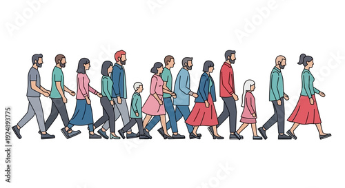 A diverse group of people of various ages and ethnicities walking in a single file line.
