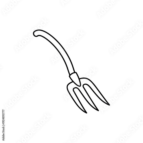 Minimalist pitchfork vector icon, garden fork line art illustration, agricultural hand tool for farming and gardening, simple black outline design