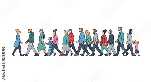 A diverse group of people of various ages and genders walking in a line, depicted in a flat, illustrative style.