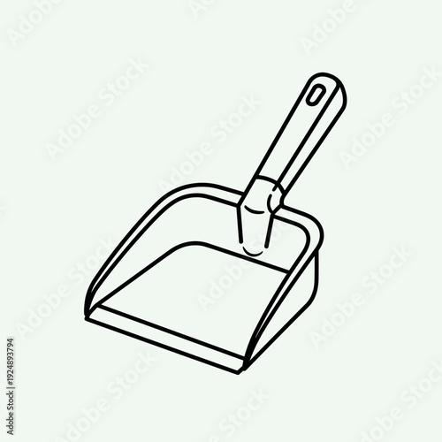 Minimalist dustpan line icon vector, black outline cleaning tool illustration, simple household dust pan graphic for sanitation and housekeeping