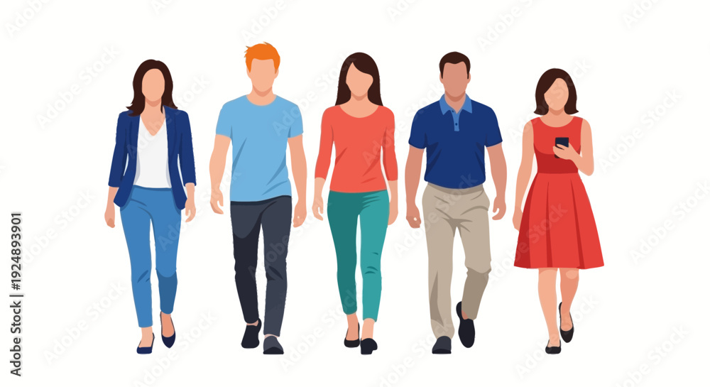 Fototapeta premium A diverse group of five casually dressed men and women walking forward together against a white background.