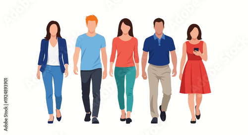 A diverse group of five casually dressed men and women walking forward together against a white background.