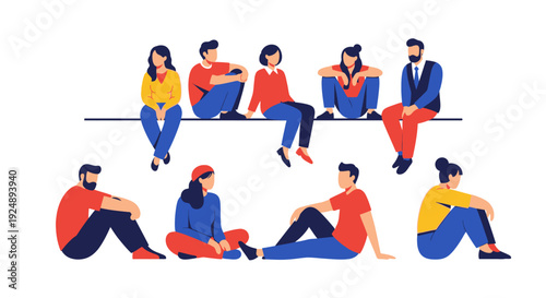 A diverse group of casually dressed people sitting on a ledge and on the ground, depicted in a flat, modern illustration style.