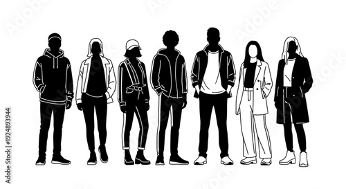 A diverse group of seven individuals, depicted as black silhouettes against a white background, showcasing various casual and stylish outfits.