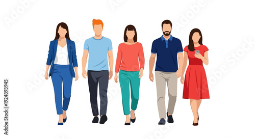 A diverse group of five young adults walking forward together, showcasing casual modern fashion.