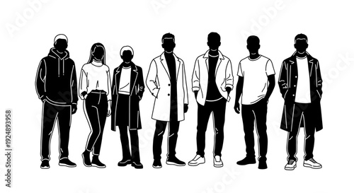 A diverse group of seven individuals, depicted in a minimalist black and white illustration, standing in a line showcasing various modern fashion styles.