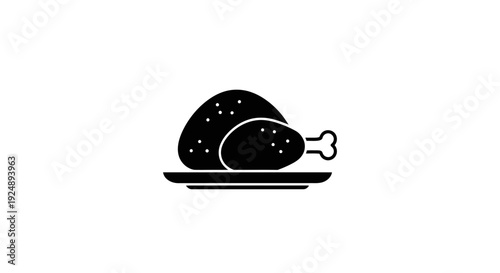 Roasted Chicken Icon on Plate, Simple Black and White Food Graphic