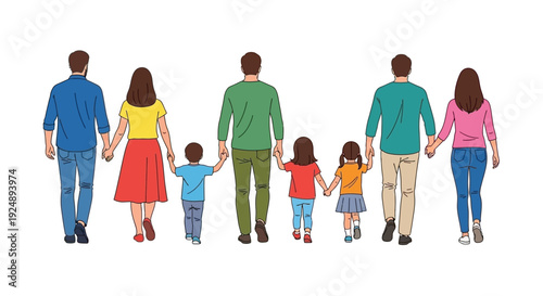 A diverse group of families, including parents and children, walking hand-in-hand, symbolizing unity and togetherness.
