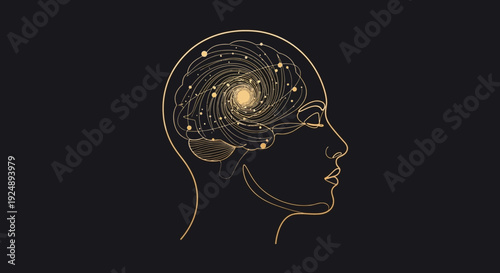 Human Head Profile with Glowing Brain Illustration.