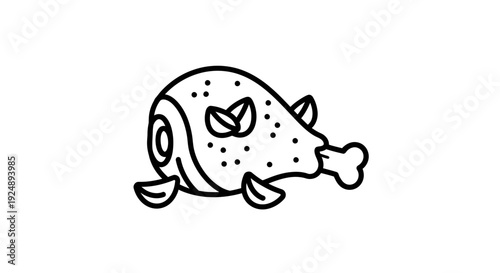 Simple Line Art Icon of a Roasted Chicken Leg with Herbs