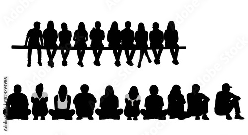 Silhouettes of a diverse group of people sitting on a bench and on the ground.
