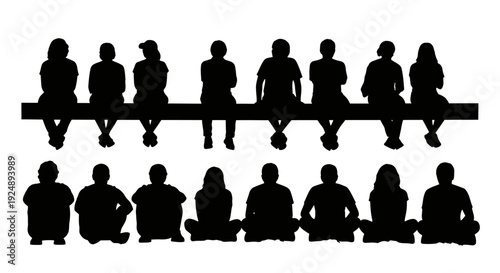 Silhouettes of a diverse group of people sitting on a ledge and on the ground.
