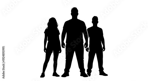 Silhouette of three people standing together, one in the center is significantly taller than the other two.
