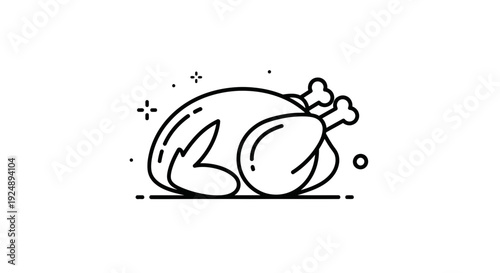 Simple Line Art Icon of a Roasted Chicken, Minimalist Food Illustration