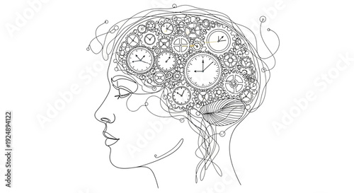 Woman Head with Clockwork Brain Mechanism.