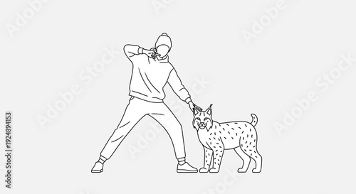 Person in hoodie petting a lynx, line art illustration