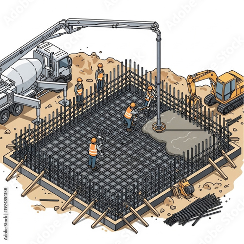 Construction site with workers pouring concrete into foundation.