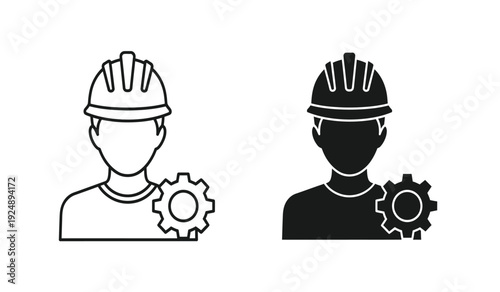 Black and white line icons of workers with gear symbols