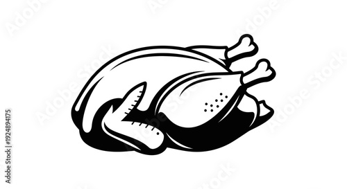 Roasted Whole Chicken Icon, Black and White Line Art, Isolated on White Background