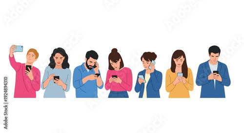 A diverse group of people of various ages and genders are engrossed in their smartphones, some looking concerned, others taking selfies.