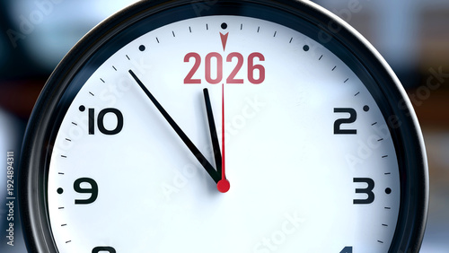 2026 that is going to happen soon. Incoming 2026, it's expected in the near future. 2026 almost here, in a short time - a clock metaphor showing forecasted 2026. ,3d illustration