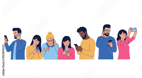 A diverse group of people of various ages and ethnicities are engrossed in their smartphones, illustrating modern digital connectivity.