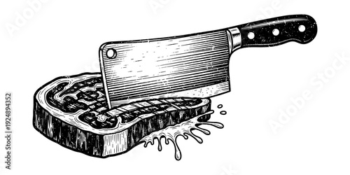 Vintage style knife on steak with splatter in engraved technique