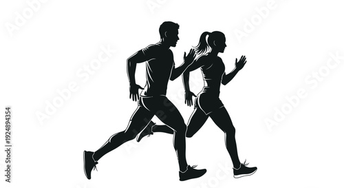 Silhouettes of a man and a woman running side-by-side, captured in a dynamic motion against a white background.
