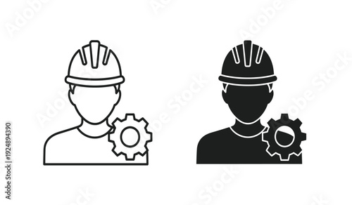 Black and white line icons of two workers with gears and hard hats
