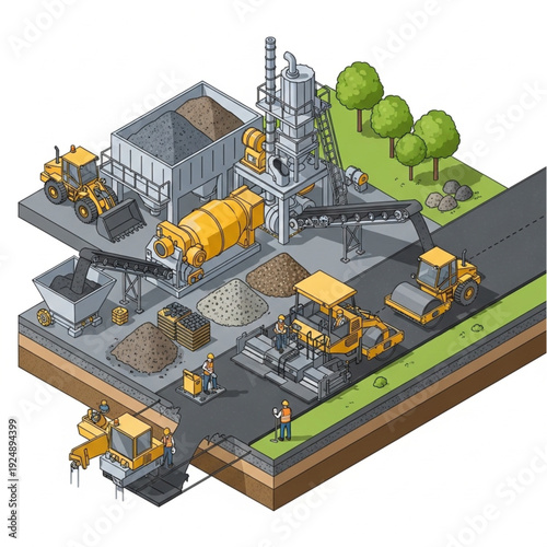 Isometric illustration of a construction site with machinery and materials.