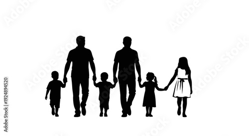 Silhouette of two fathers holding hands with their four children, walking together.