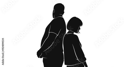 Silhouette of a large man and a smaller woman standing back to back, conveying a sense of distance or disagreement.