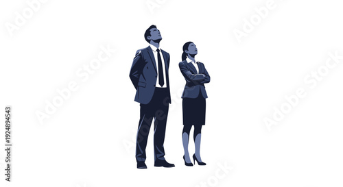 A man and a woman in business attire stand side-by-side, looking upwards with their heads tilted back.