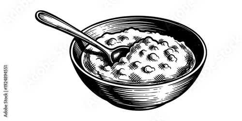 Retro black and white breakfast bowl with spoon in engraving style