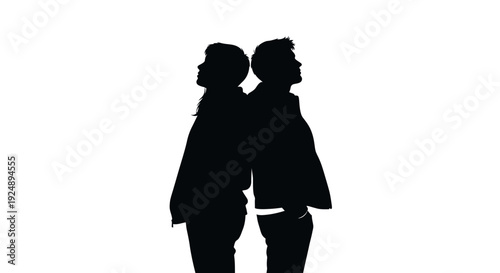 Two people standing back to back in silhouette against a white background.