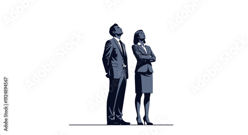 A man and a woman in business attire stand side-by-side looking upwards.