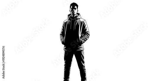 A striking black and white illustration of a young man standing confidently with his hands in his hoodie pockets.
