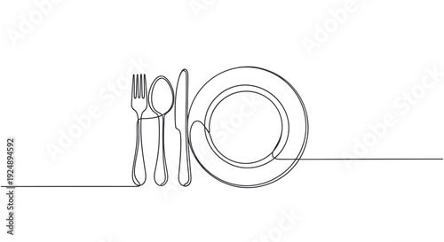 Minimalist single line drawing of a plate, fork, knife, and spoon on a white background.