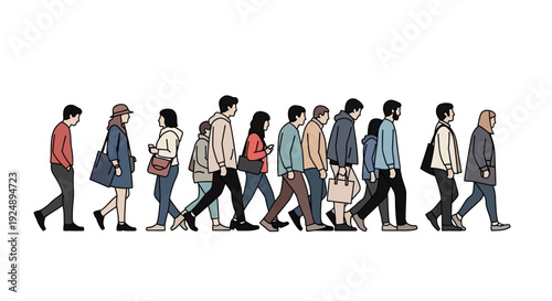 A diverse group of people of various ages and genders walking in a line, depicted in a simple, illustrative style.