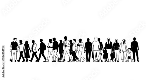 A diverse group of people of varying ages and genders walking in a line, depicted in a minimalist black and white illustration style.