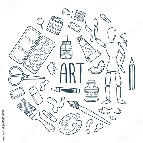 Hand drawn elements art supplies round composition. Fine art doodle poster