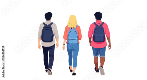 Three young people, two men and one woman, walking away from the camera with backpacks on.
