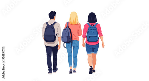 Three young students with backpacks walking away from the camera, representing education and friendship.