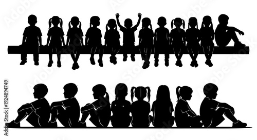 Silhouettes of a group of children sitting on a bench and on the ground.
