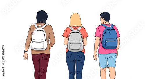 Three diverse young people with backpacks walking away from the camera, representing students or travelers.