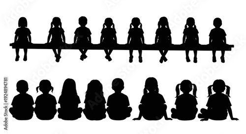 Silhouettes of a group of children sitting on a bench and on the ground.
