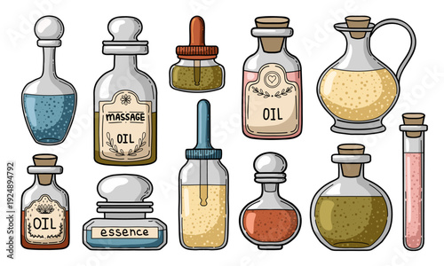 Hand drawn essential oil bottles vector collection. Vintage apothecary flasks for herb and medicine design